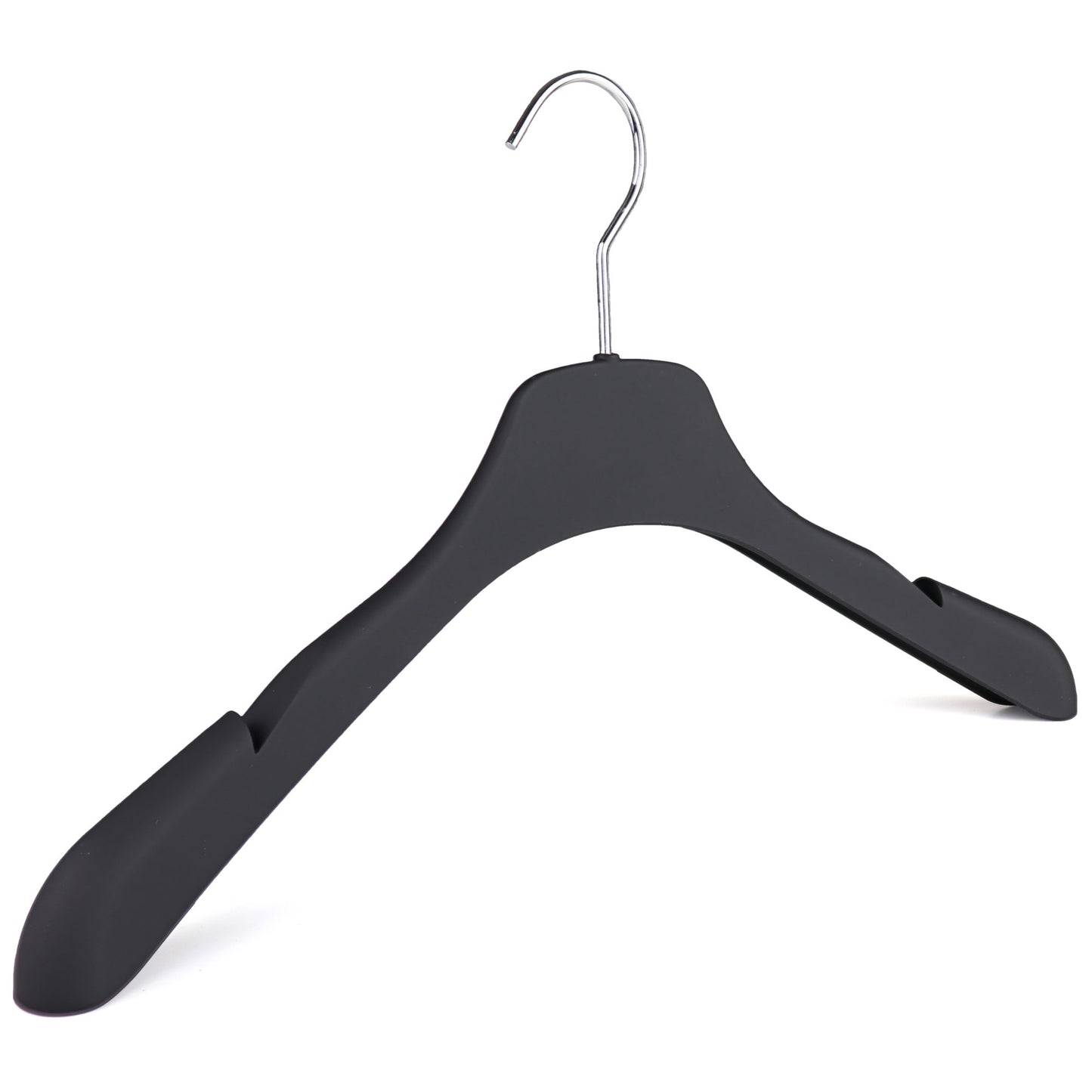 A Black Soft-Touch Jacket Hanger with Notches, 42cm by Hangers of London is shown against a plain white background. The high-quality hanger has wide shoulders and notches for straps, making it suitable for a variety of clothing items, perfect for enhancing closet organization.
