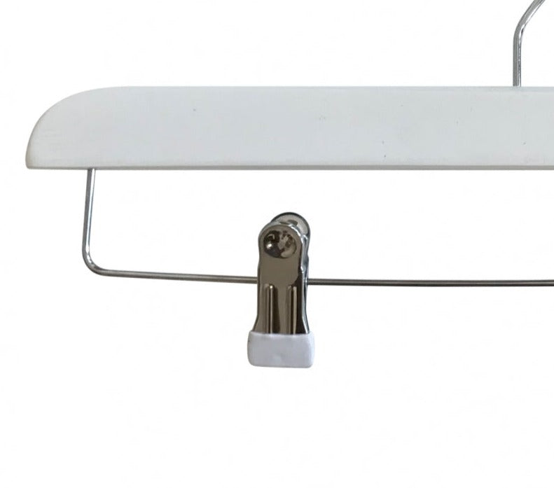 A Hangers of London White Gloss Wooden Clip Bottom Hanger 35cm with a silver metal hook is shown against a plain background. The high-quality wood top bar and sturdy clips are perfect for wardrobe organization.