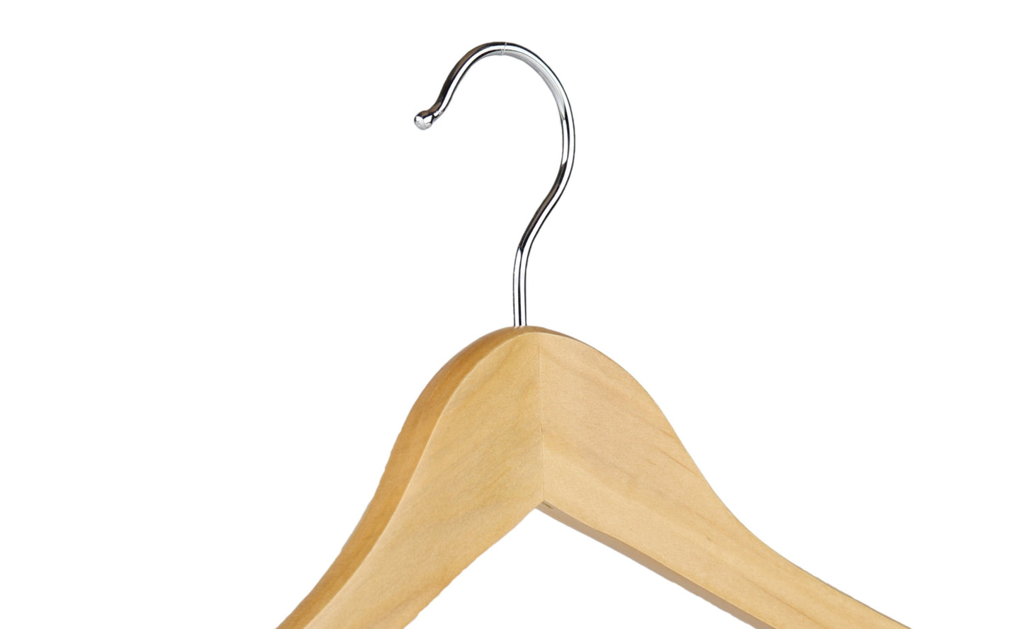 A Hangers of London Wooden Natural Top With Bar 44cm with a shiny, metallic hook at the center. The hanger's triangular shape and smooth, polished surface are designed to hold clothing items securely. Notches on shoulder seams ensure added grip, while the plain white background highlights its elegance.