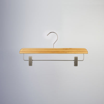 A single Hangers of London Bamboo Wood Sustainable Clip Bottom Hanger 35cm with a shiny metal hook and a horizontal bar attached by clips, positioned against a plain, light-colored background. Designed as an eco-friendly wardrobe accessory, this sustainable clip bottom hanger is perfect for organizing pants or skirts.