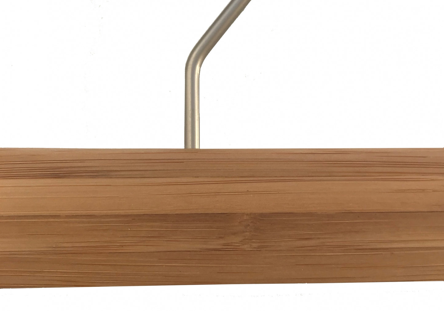 Close-up image of a Hangers of London Bamboo Wood Sustainable Clip Bottom Hanger 35cm with a metal hook. The hanger has a smooth finish and a natural wood grain texture, exemplifying eco-friendly wardrobe accessories. The background is plain white.