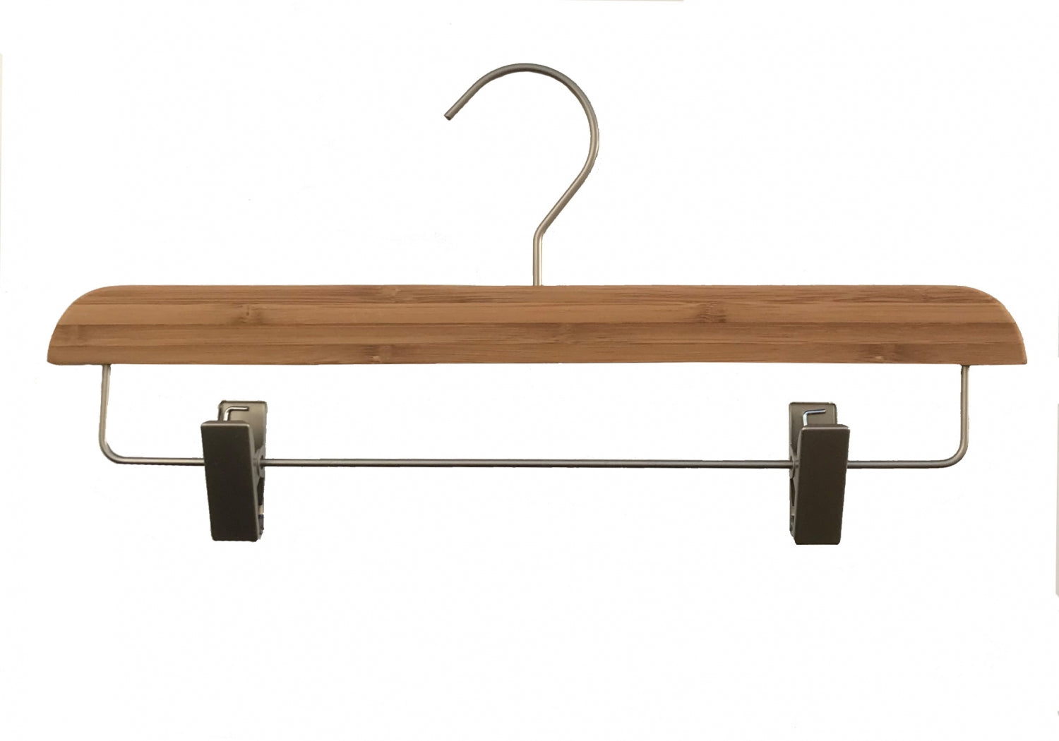 A Hangers of London Bamboo Wood Sustainable Clip Bottom Hanger 35cm with a metal hook on top and sustainable clip bottoms for hanging pants or skirts. The bamboo has a light, natural finish and the metal parts are silver in color. Perfect for eco-friendly wardrobe accessories, it comes against a plain white background.