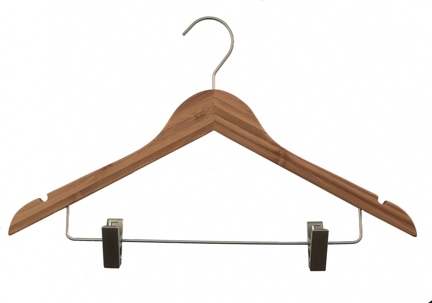A Bamboo Wood Sustainable Top Clip Hanger 42cm from Hangers of London with a metal hook and clips is shown against a white background. The eco-friendly clothing organizer features notches on both ends for secure hanging of garments and metal clamps at the bottom for holding skirts or pants.