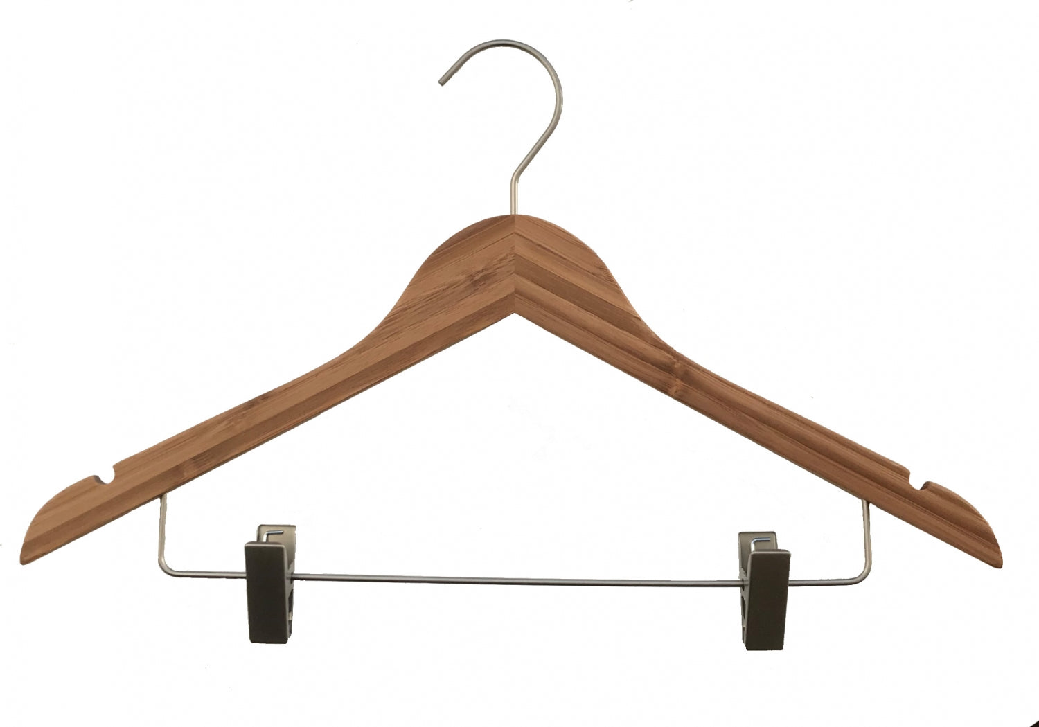 A Bamboo Wood Sustainable Top Clip Hanger 42cm from Hangers of London with a metal hook and clips is shown against a white background. The eco-friendly clothing organizer features notches on both ends for secure hanging of garments and metal clamps at the bottom for holding skirts or pants.