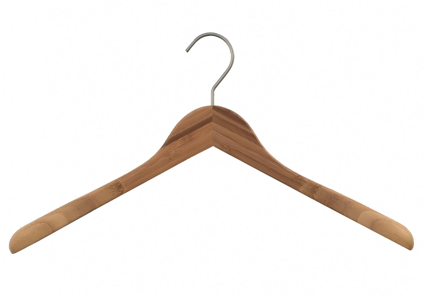 A Hangers of London Bamboo Wood Sustainable Top Jacket Hanger 42cm with a natural finish and smooth surface is pictured against a white background. The eco-friendly hanger features a rounded metal hook at the top and slightly angled arms for holding garments.