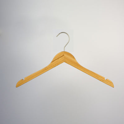 A Hangers of London Bamboo Wood Sustainable Top Hanger with Notch 42cm is elegantly suspended against a plain white background. The hanger features a metal hook at the top and notches on each end for securing garments with straps.