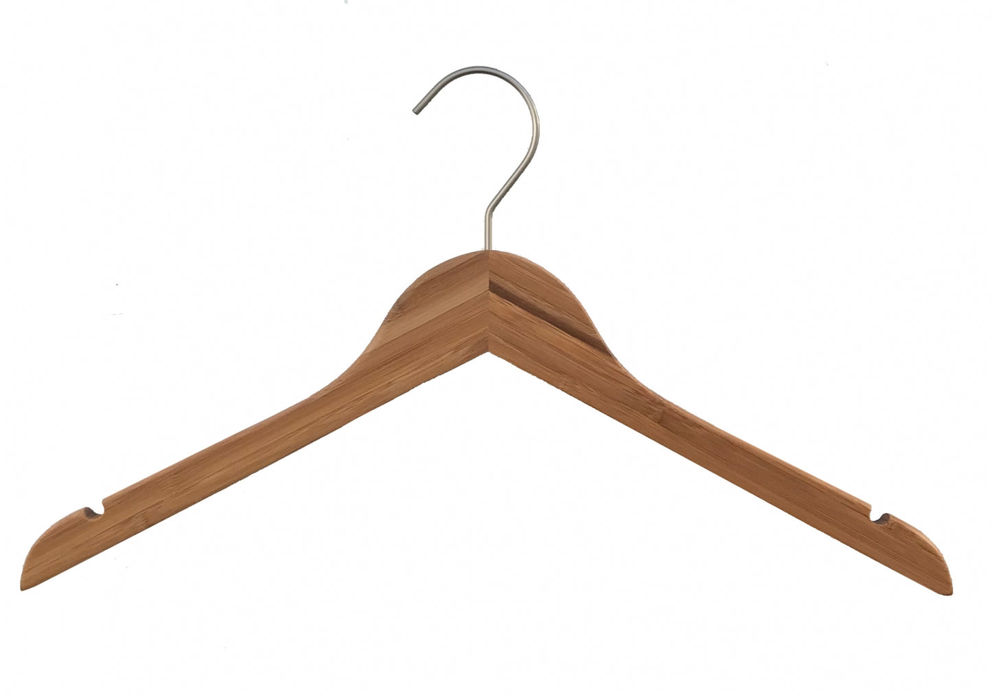 A "Bamboo Wood Sustainable Top Hanger with Notch 42cm" by Hangers of London with a metal hook at the top and two notches, one on each side, for securing straps. The eco-friendly hanger's wood has a smooth, polished finish, and the metal hook is shiny and curved. The background is plain white.