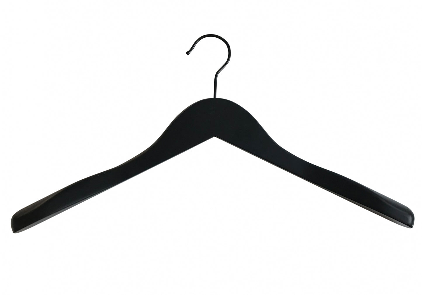 A stylish Hangers of London Black Wooden Jacket Top Coat Hanger 38cm with broad, slightly curved shoulder supports and a central hook at the top, designed for hanging clothes. This high-quality hanger ensures your garments are well-supported. The background is plain white.