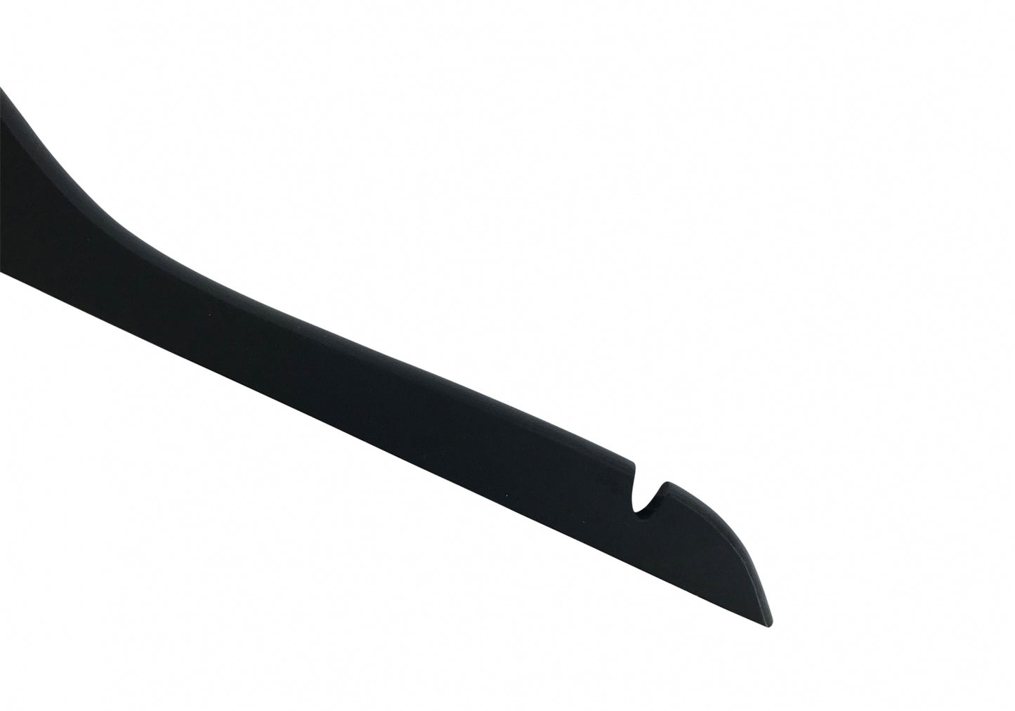 A close-up of a black, curved tool with a hooked end and a small notch, resembling a Hangers of London Black Wooden Top Clothes Hanger with Notch 44cm, set against a plain white background.