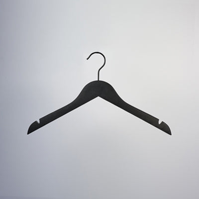 A Black Wooden Top Clothes Hanger with Notch 38cm by Hangers of London is hanging against a white background. The metal hook on top is centered.