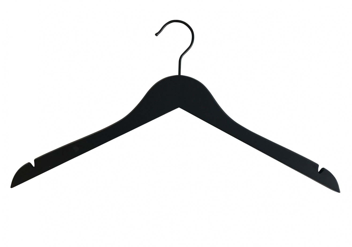 A Hangers of London Black Wooden Top Clothes Hanger with Notch 38cm, with a curved top, a metal hook at the center, and notches on each side for securing clothing is positioned against a white background.
