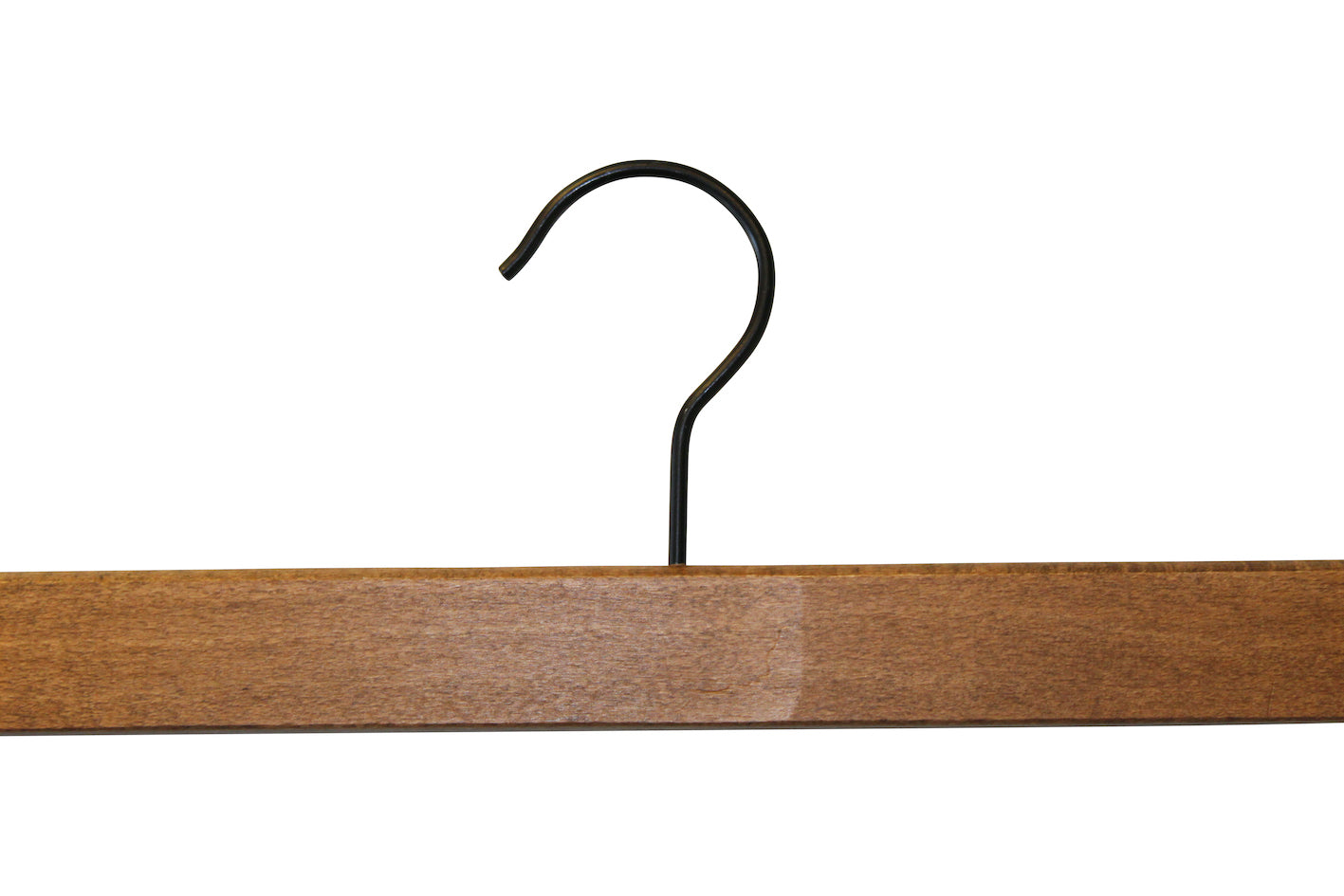 The Hangers of London Dark Wood Sustainable Bottom Trouser Skirt Hanger With Clips 37cm with a curved black metal hook and strong metal clips is portrayed against a plain white background.