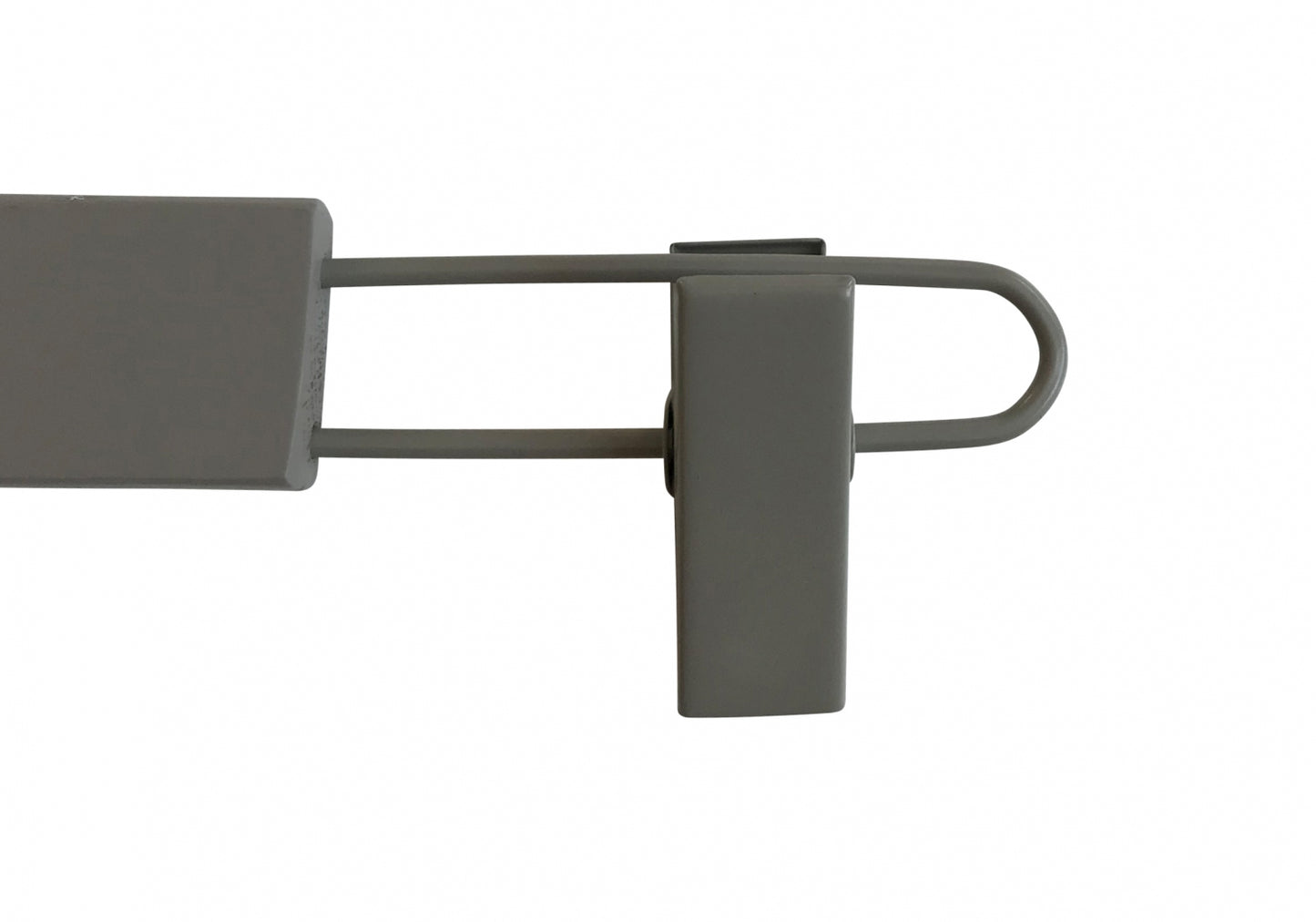 A Grey Wooden Kids Clip Bottom Hanger 26cm by Hangers of London, with two parallel bars extending from it, curving into a U shape on the right side and connected to another rectangular piece, all in a gray finish resembling an eco-friendly wood hanger, set against a plain white background.