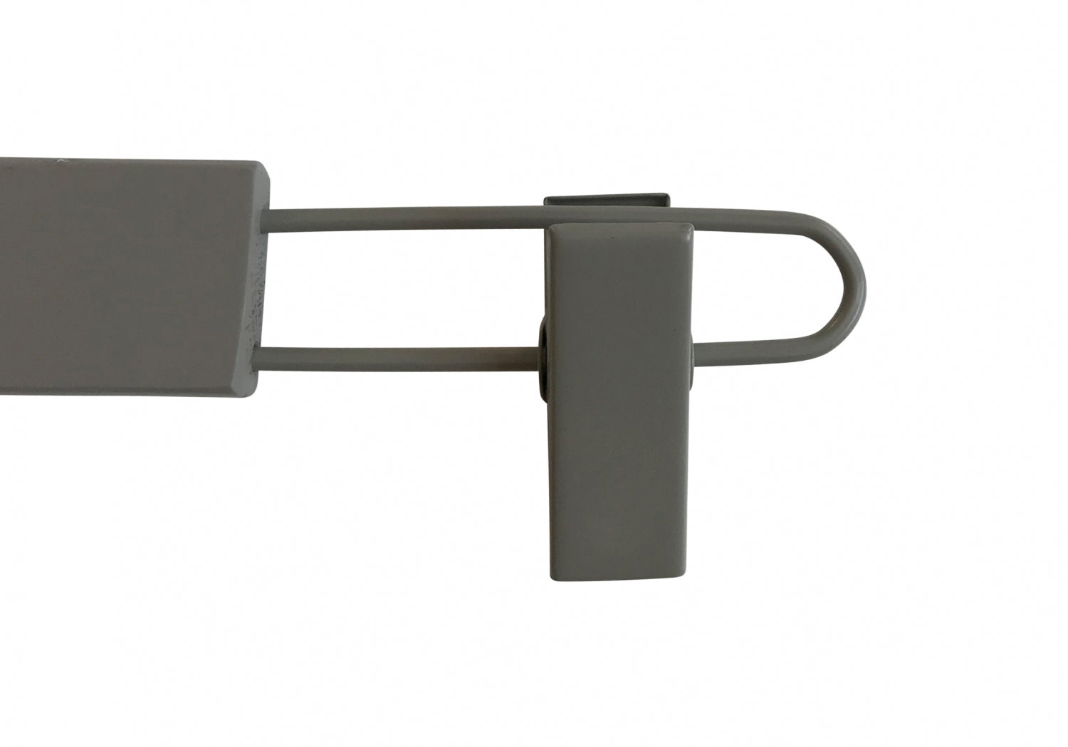 A Grey Wooden Kids Clip Bottom Hanger 26cm by Hangers of London, with two parallel bars extending from it, curving into a U shape on the right side and connected to another rectangular piece, all in a gray finish resembling an eco-friendly wood hanger, set against a plain white background.