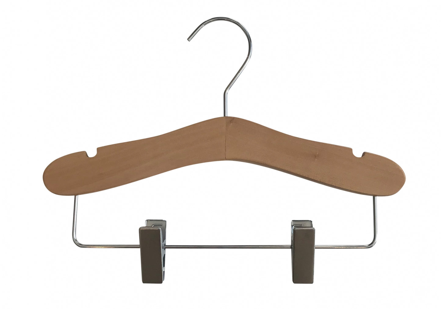 The Hangers of London Natural Wood Coat Kids Hanger with Bar 28cm is a high-quality wooden clothes hanger with a metal hook on top and metal clips at the bottom. Perfect for a child's wardrobe, it features a smooth, curved design with notches for securing garment straps. The adjustable metal clips are ideal for hanging pants or skirts.