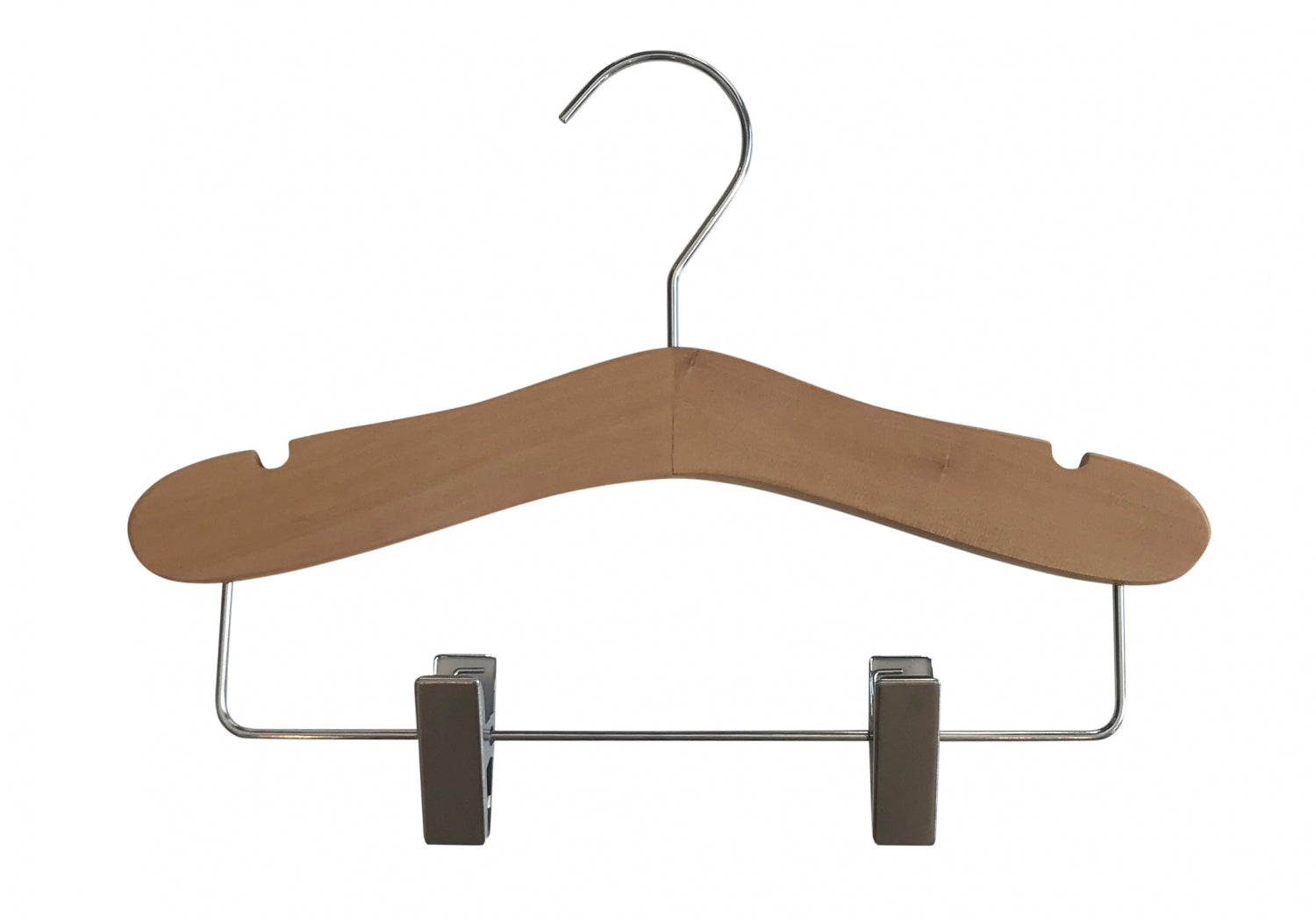 The Hangers of London Natural Wood Coat Kids Hanger with Bar 28cm is a high-quality wooden clothes hanger with a metal hook on top and metal clips at the bottom. Perfect for a child's wardrobe, it features a smooth, curved design with notches for securing garment straps. The adjustable metal clips are ideal for hanging pants or skirts.
