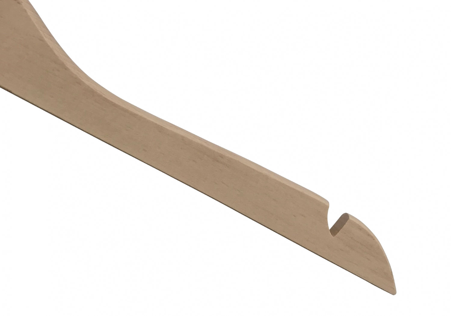 A close-up view of a wooden tool with a curved handle and a flat, elongated body featuring a notch feature at the end. The notched part suggests it may be used for gripping or hooking. Crafted from high-quality wood, this piece has a smooth, natural finish reminiscent of a Hangers of London Natural Wood Top Clothes Hanger with Notch 38cm.