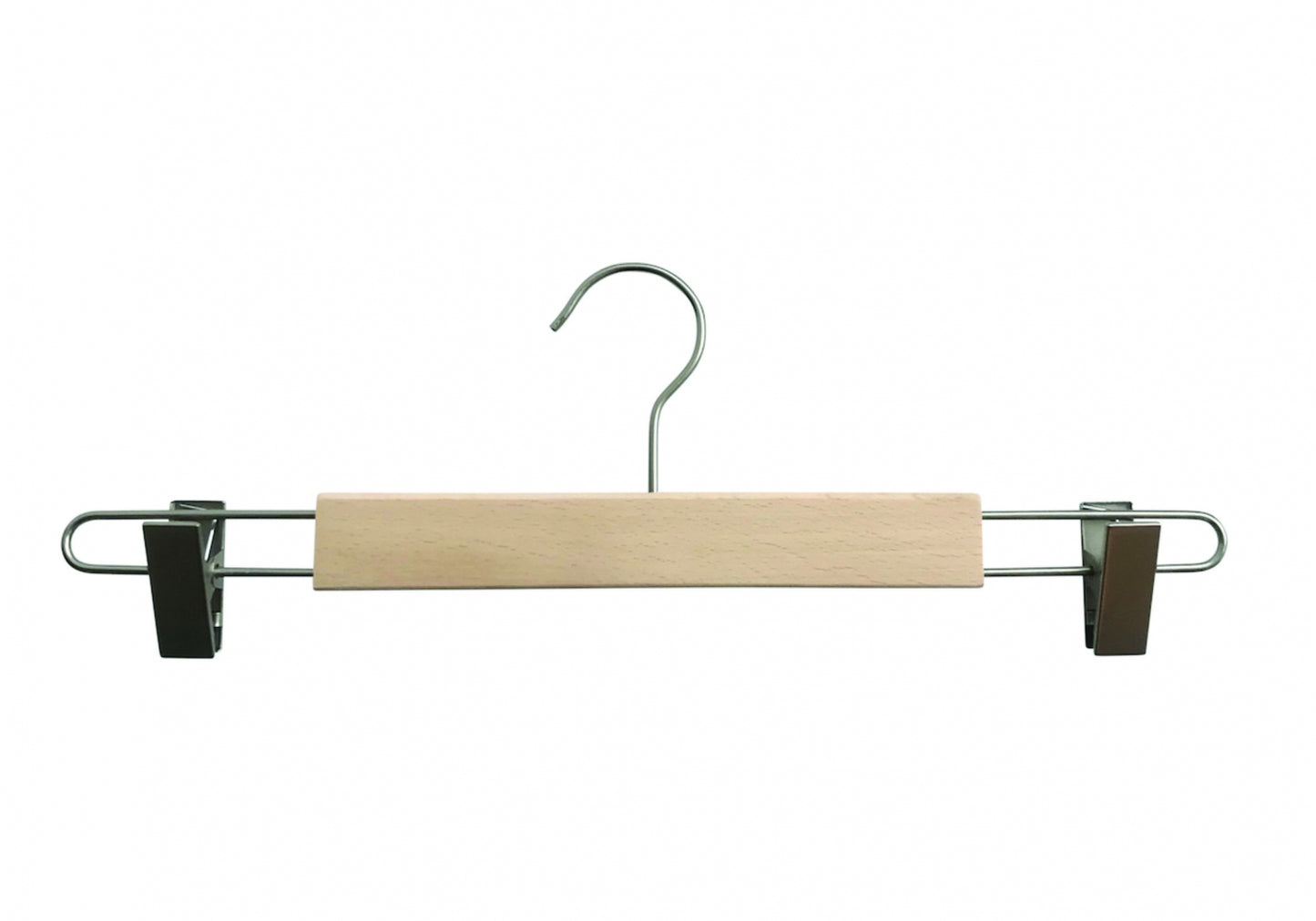 A high-quality Natural Wooden Clip Bottom Hanger 37cm from Hangers of London with a metal hook and two adjustable metal clips on either end, perfect for hanging trousers or skirts. Crafted from sustainable solid wood, the light-colored horizontal bar and sturdy metal support offer both functionality and elegance. The background is plain white.