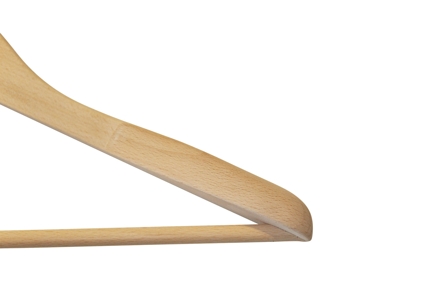 Close-up of the shoulder portion of a Hangers of London Natural Wooden Jacket Hanger with Trouser Bar 44cm. The smooth surface and gentle curve are clearly visible against the plain white background.