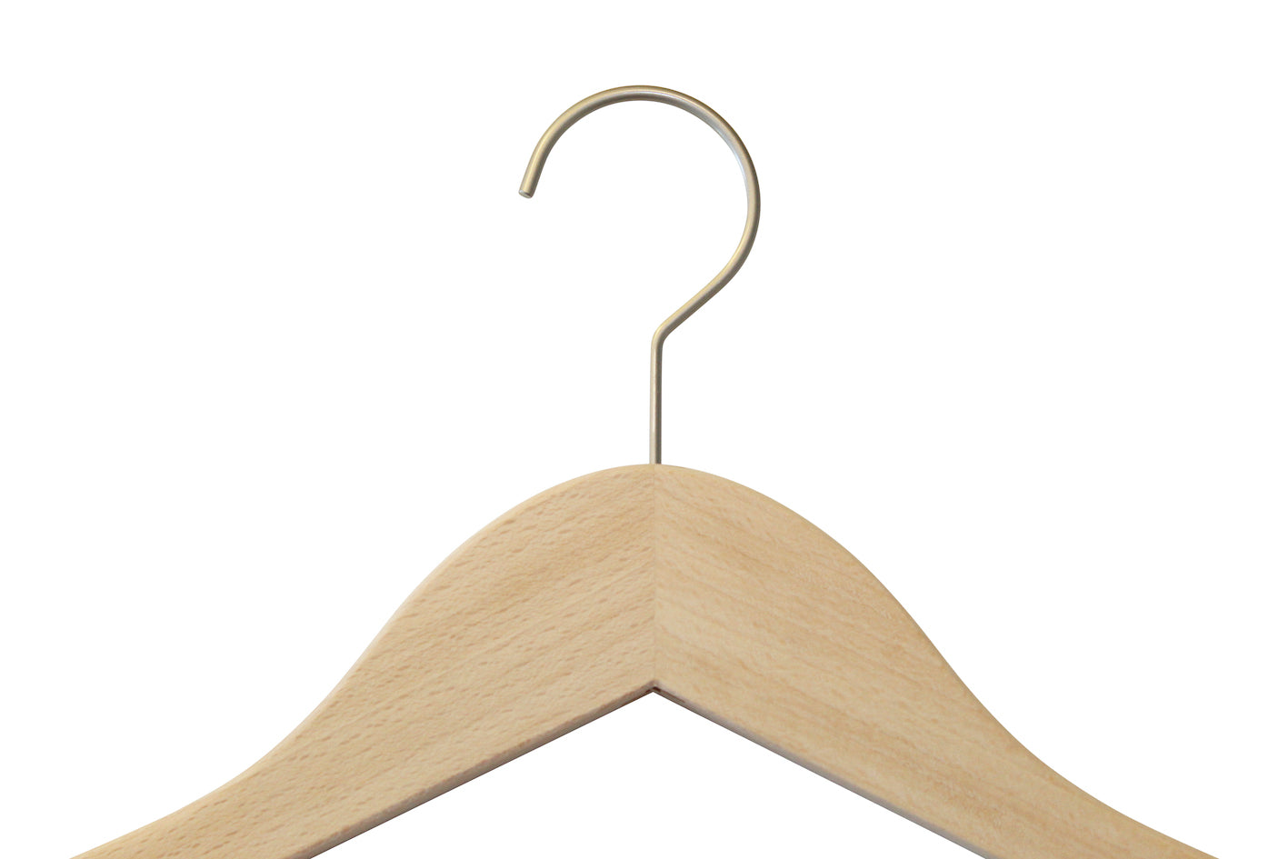 A close-up view of a high-quality Hangers of London Natural Wooden Jacket Hanger with Trouser Bar 44cm with a metal hook at the top. The wood, featuring a smooth finish, shows off the craftsmanship. The image is minimalistic, focusing on the empty hanger itself against a white background.