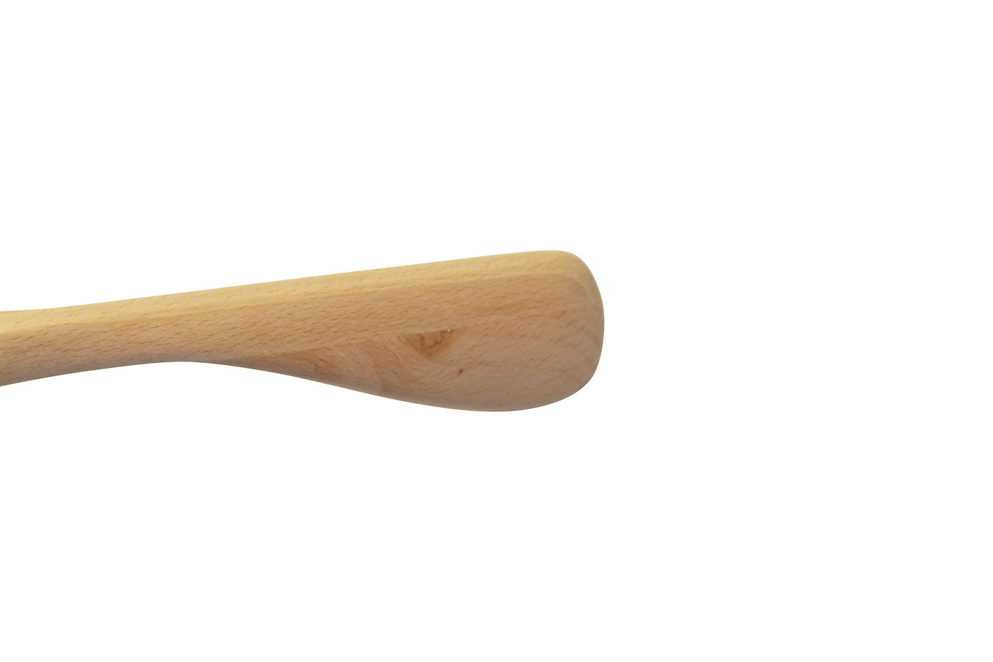 A close-up image of the tip of a wooden spatula against a white background. The spatula, akin to a Hangers of London Natural Wooden Jacket Hanger with Trouser Bar 44cm, is light brown with a smooth, slightly rounded end.