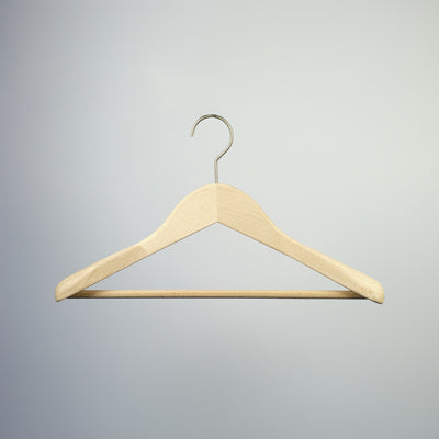 A Natural Wooden Jacket Hanger with Trouser Bar 39cm from Hangers of London is photographed against a plain light gray background. This sustainable wood hanger includes a pant bar at the bottom for additional clothing storage, making it ideal for closet organization and keeping suits neat.