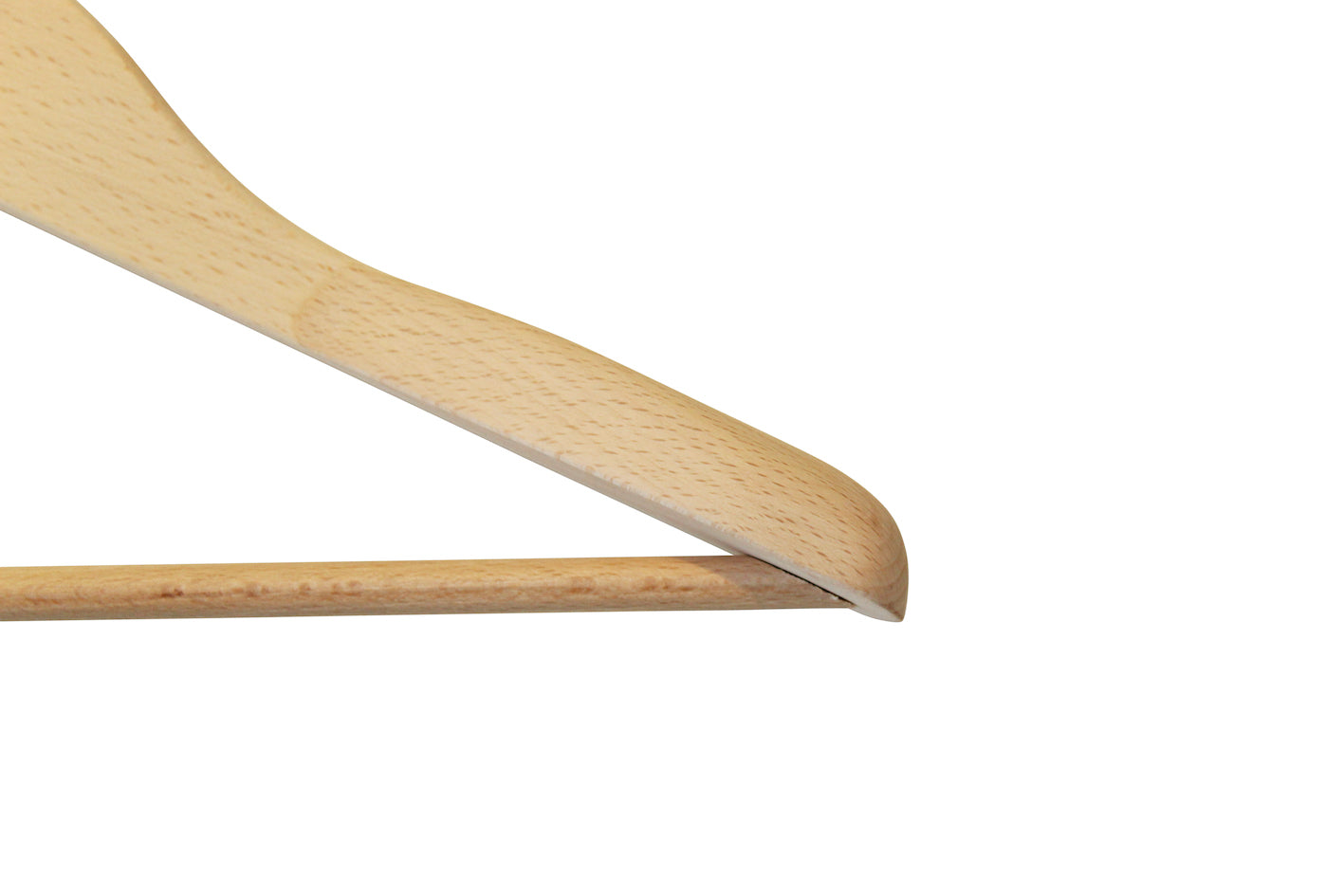 Close-up of a Hangers of London Natural Wooden Jacket Hanger with Trouser Bar 39cm against a white background. Only a section of the hanger is visible, showcasing the smooth finish and natural wood grain, perfect for eco-conscious closet organization.