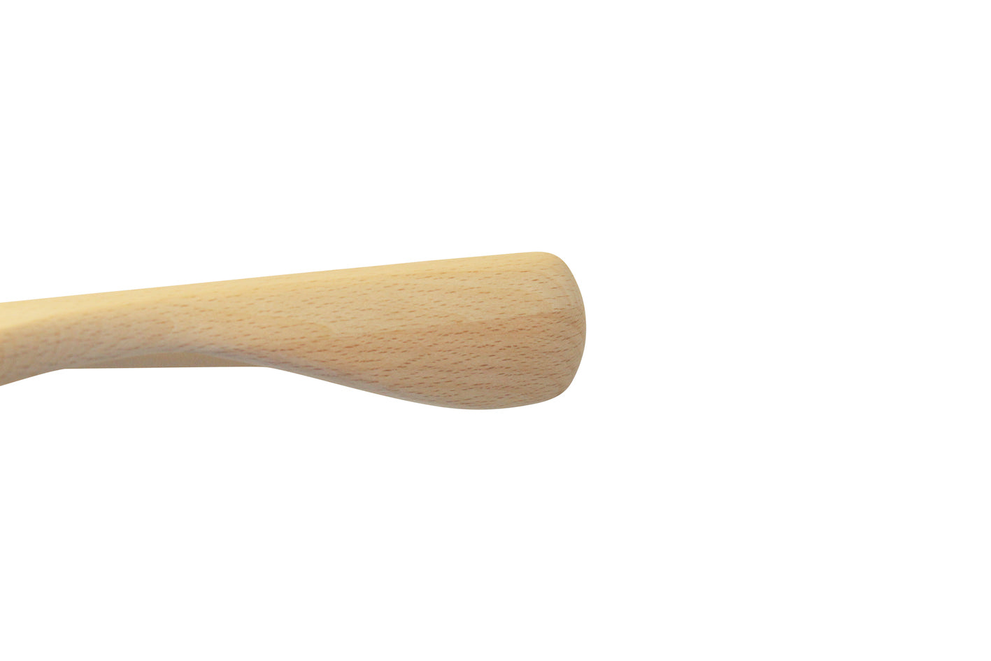 A close-up view of a light-colored wooden object, possibly the handle or end of a tool, photographed against a white background. The wood grain is visible, and the shape tapers slightly toward the end, reminiscent of sustainable wood used in Hangers of London's Natural Wooden Jacket Hanger with Trouser Bar 39cm for optimal closet organization.