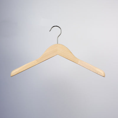 A simple Hangers of London Natural Wooden Jacket Top Coat Hanger 38cm with a metal hook is suspended against a plain grey background. The solid wood hanger has a smooth, light finish and slightly curved ends, perfect for holding garments and enhancing wardrobe organization.