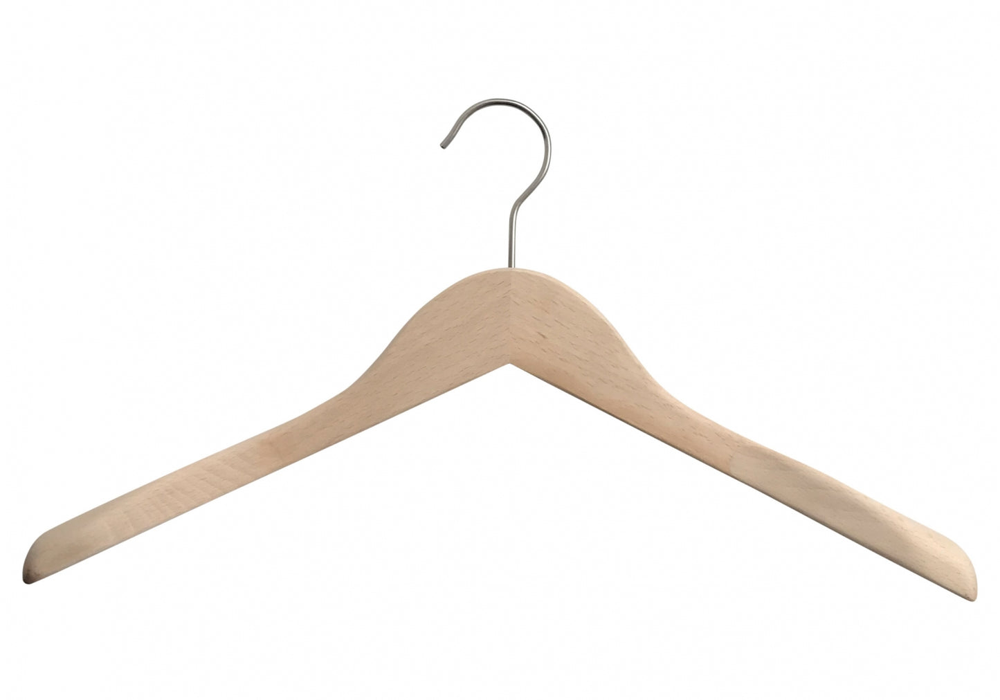 A solid wood hanger with a curved top and a metal hook. Designed with a broad shape to support clothes without causing creases, this Natural Wooden Jacket Top Coat Hanger 38cm from Hangers of London is perfect for wardrobe organization. The metal hook is centered at the top, extending upward and curving forward for easy hanging.
