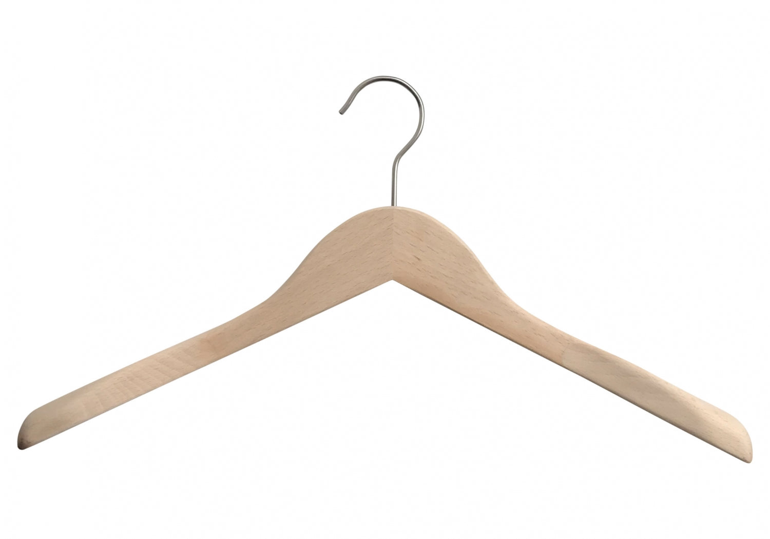 A solid wood hanger with a curved top and a metal hook. Designed with a broad shape to support clothes without causing creases, this Natural Wooden Jacket Top Coat Hanger 38cm from Hangers of London is perfect for wardrobe organization. The metal hook is centered at the top, extending upward and curving forward for easy hanging.