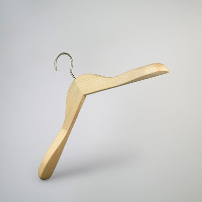 A Hangers of London Natural Wooden Jacket Top Coat Hanger 38cm with a metal hook, designed for hanging jackets or shirts. The solid wood hanger has a curved shape and broad shoulders to provide better support for garments, depicted against a plain, light grey background. Perfect for wardrobe organization.