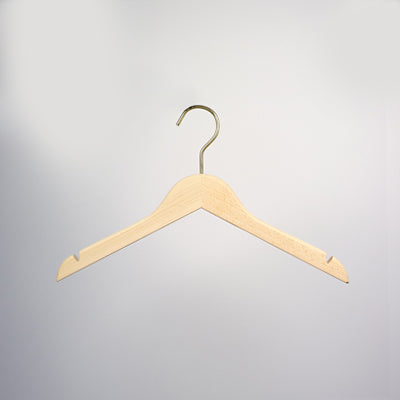 A Hangers of London Natural Wooden Thick Top Jacket and Bridal Hanger 39cm with a metal hook is suspended against a plain, light gray background. The natural wood hanger features precise notches near the ends for securing garments with straps.