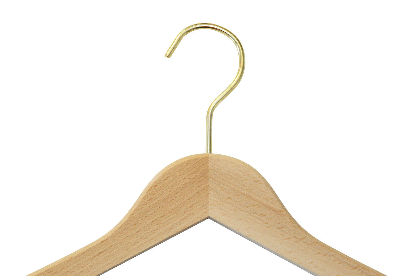 A Natural Wooden Thick Top Jacket and Bridal Hanger 39cm by Hangers of London with a curved, gold-colored metal hook at the top is shown against a white background. This bridal notch hanger has a smooth finish, traditional triangular shape, and a natural wood color.