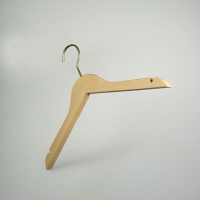 A Natural Wooden Thick Top Jacket and Bridal Hanger 39cm by Hangers of London is seen against a plain light gray background. The bridal notch hanger boasts a metal hook at the top for hanging and a smooth, straight bar for holding clothing. The design is simple and functional, embodying sustainability.