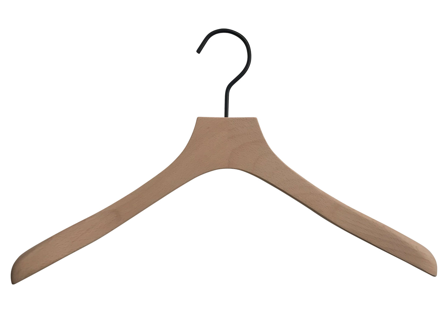 Introducing the Premium Natural Wooden Top Jacket Hanger 42cm by Hangers of London—a wooden clothes hanger with a metal hook. The hanger boasts a natural wood finish and is crafted with broad shoulders to help maintain the shape of garments. Available exclusively through Hangers of London.