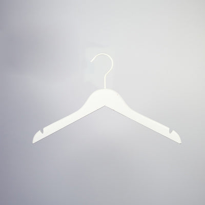 A White Wood Sustainable Thick Top Jacket Bridal Hanger with Hooks 39cm from Hangers of London is hanging against a light gray background. This sustainable hanger features a standard hook at the top and notches on each side for securing garments with straps.