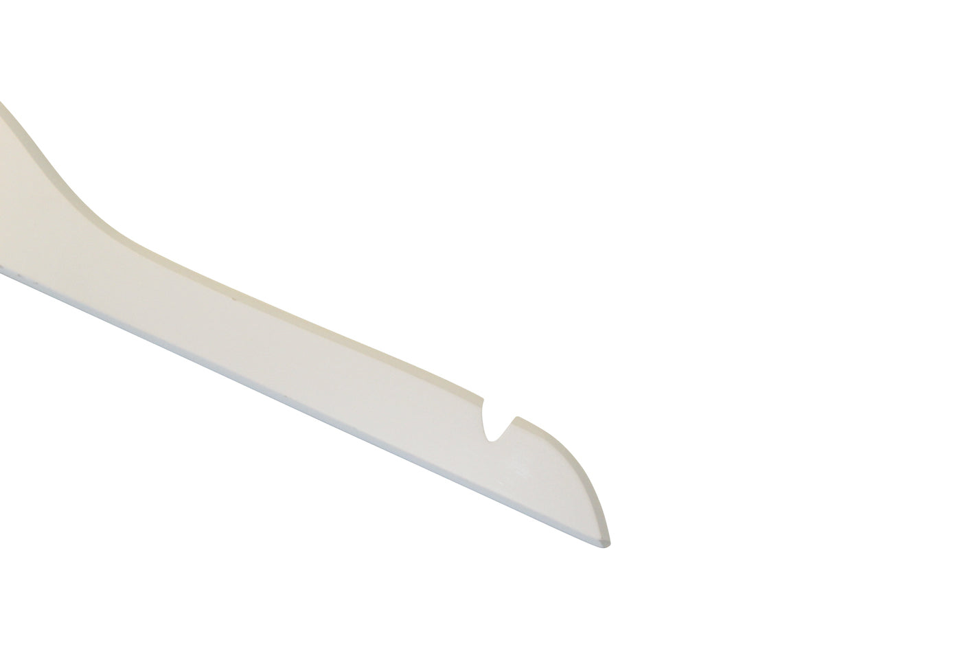 A close-up of a Hangers of London White Wood Sustainable Thick Top Jacket Bridal Hanger with Hooks 39cm, featuring a notched and pointed end, likely used for prying or opening objects. The hanger has a smooth, flat surface and appears minimalist in design, resembling sections of a white wood hanger. It features a slight curvature along the length against a plain white background.