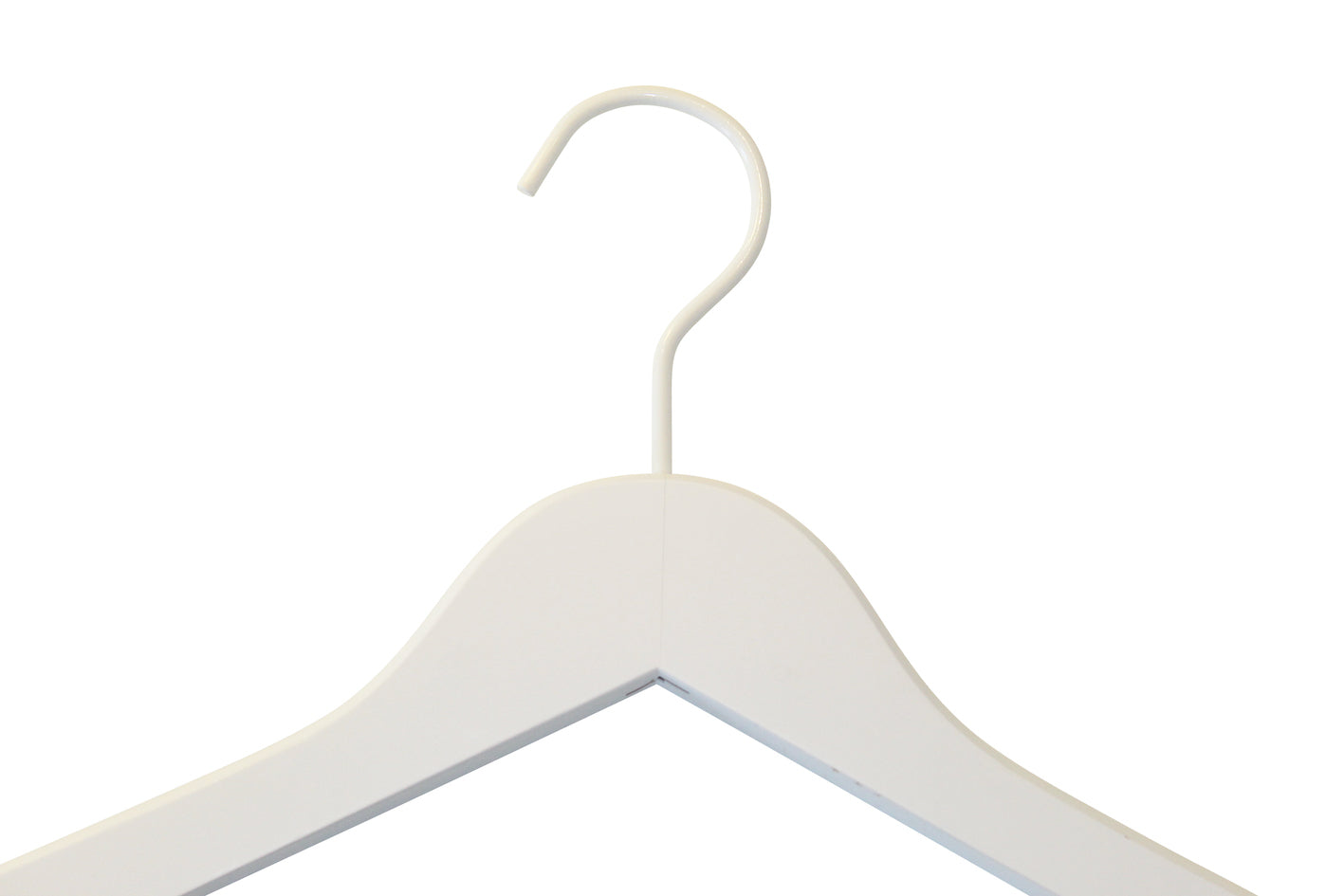A White Wood Sustainable Thick Top Jacket Bridal Hanger with Hooks 39cm by Hangers of London is shown against a plain white background. This sustainable hanger features a smooth and simple design, with slightly curved shoulders to support clothing, making it an ideal choice for eco-conscious households.