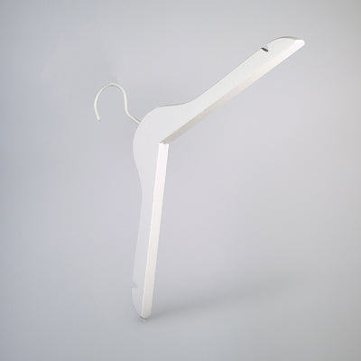 A Hangers of London White Wood Sustainable Thick Top Jacket Bridal Hanger with Hooks 39cm is suspended against a plain light gray background. The hanger features a simple hook on top for hanging and a straight flat section designed to support garments, exemplifying the elegance of a Bridal Notch Hanger.