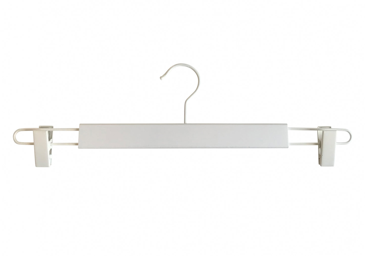A minimalist White Wooden Clip Bottom Hanger 37cm by Hangers of London with metal clips on both ends for securing garments. It features a central horizontal bar and a metal hook at the top for hanging. Ensuring crease-free garment organization, its design is simple and functional, with a clean, modern aesthetic.