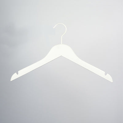 A high-quality, **White Wooden Clothes Hanger with Notch 44cm** by **Hangers of London** with a curved hook at the top and notches on either side for securing garments. Perfect for closet organization, it’s set against a plain light gray background.