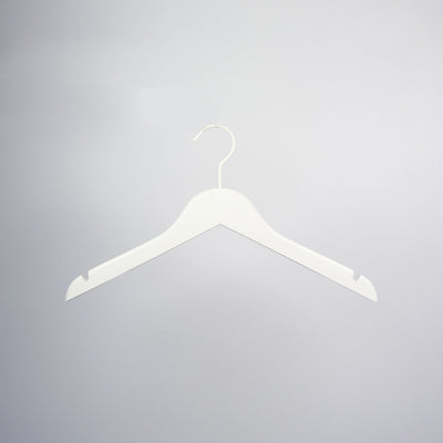 A sleek Hangers of London White Wooden Clothes Hanger with Notch 38cm, featuring notches for garment straps and a metal hook on top, is centered against a plain light grey background. Perfect for closet organization.