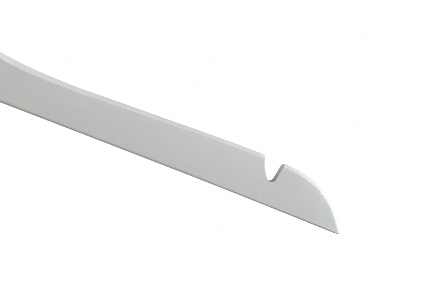 A white, flat, elongated tool with a hooked, notched end, designed for specific purposes such as opening boxes or lifting small items. Much like the Hangers of London White Wooden Clothes Hanger with Notch 38cm that aids in closet organization, its single notch near the tip is designed to catch or grip objects. The image is set against a plain white background.