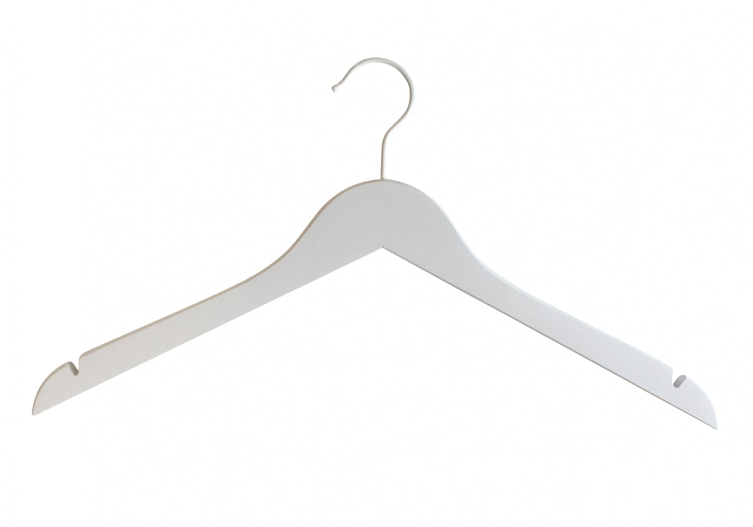 A White Wooden Clothes Hanger with Notch 38cm from Hangers of London with a metal hook at the top. The hanger has a simple, classic design with notches on the shoulders to help hold straps and prevent clothing from slipping. Perfect for enhancing closet organization against a plain white background.