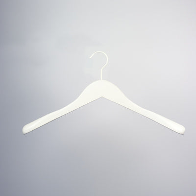 A Hangers of London White Wooden Jacket Top Coat Hanger 44cm is centered against a plain grey background. The hanger has a smooth, curved design with broad ends for better garment support and a small, curved hook at the top, providing an elegant upgrade from plastic alternatives.