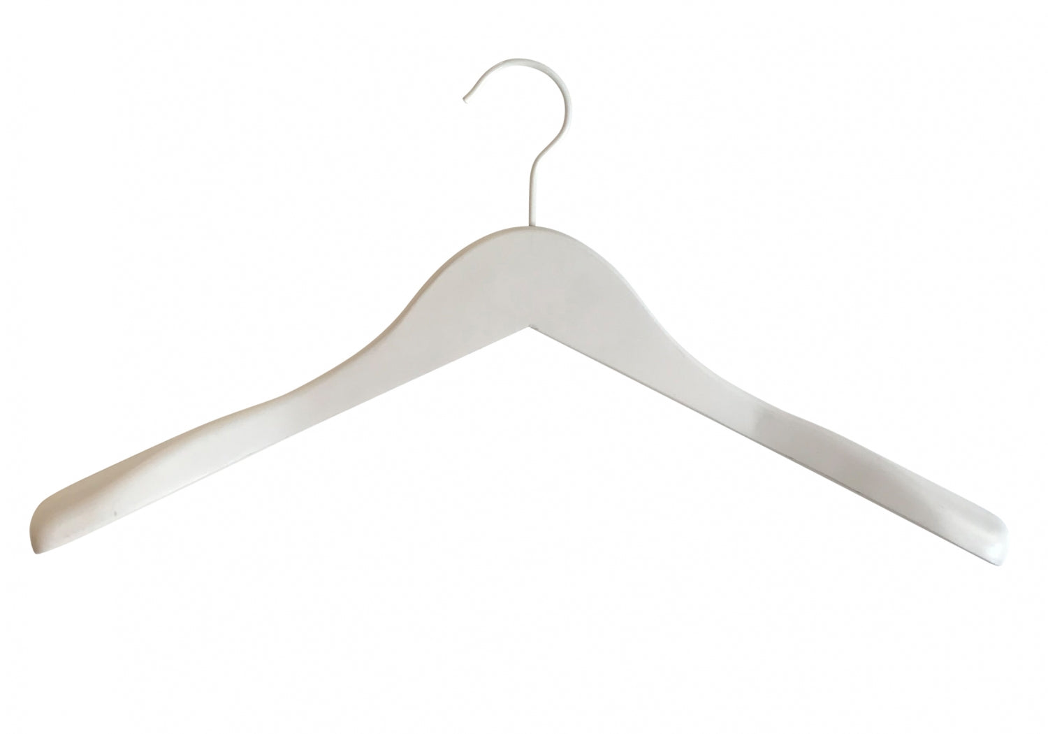 A single, durable white wooden jacket hanger with a metal hook at the top is centered against a plain white background. The **Hangers of London White Wooden Jacket Top Coat Hanger 44cm** boasts a curved shape and widened shoulder ends, designed to hold garments securely.