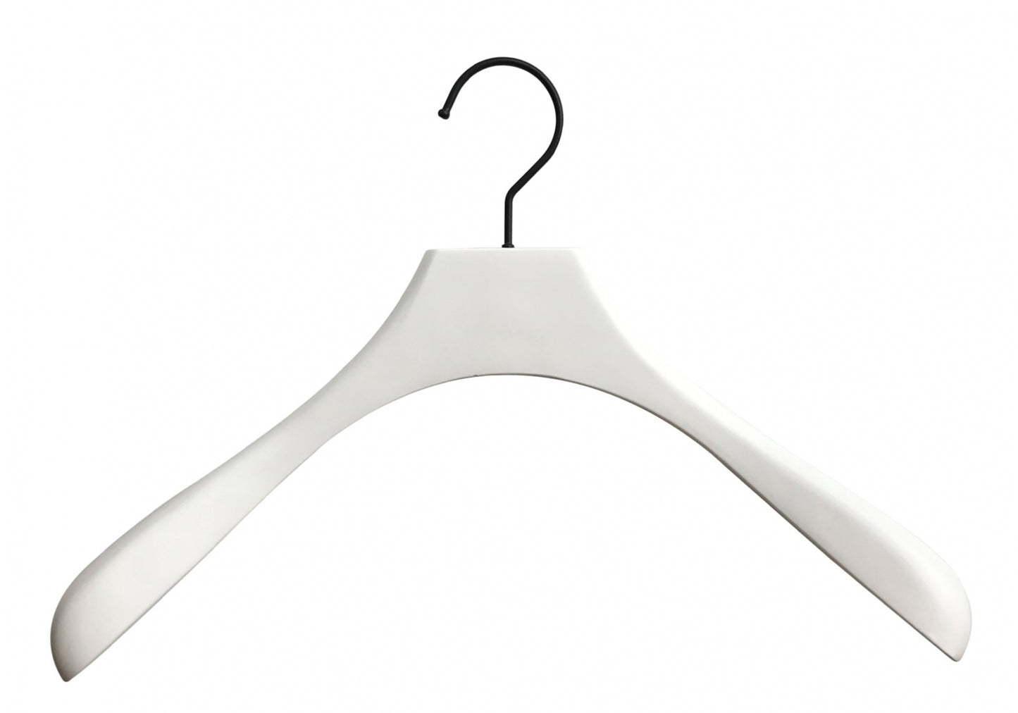 A White Wooden Jacket Top Coat Hanger 38cm by Hangers of London with broad, curved shoulders designed for holding heavy garments. This top coat hanger features a black metal hook at the top for hanging in closets. The clean, minimalist design makes this jacket hanger suitable for various clothing items.