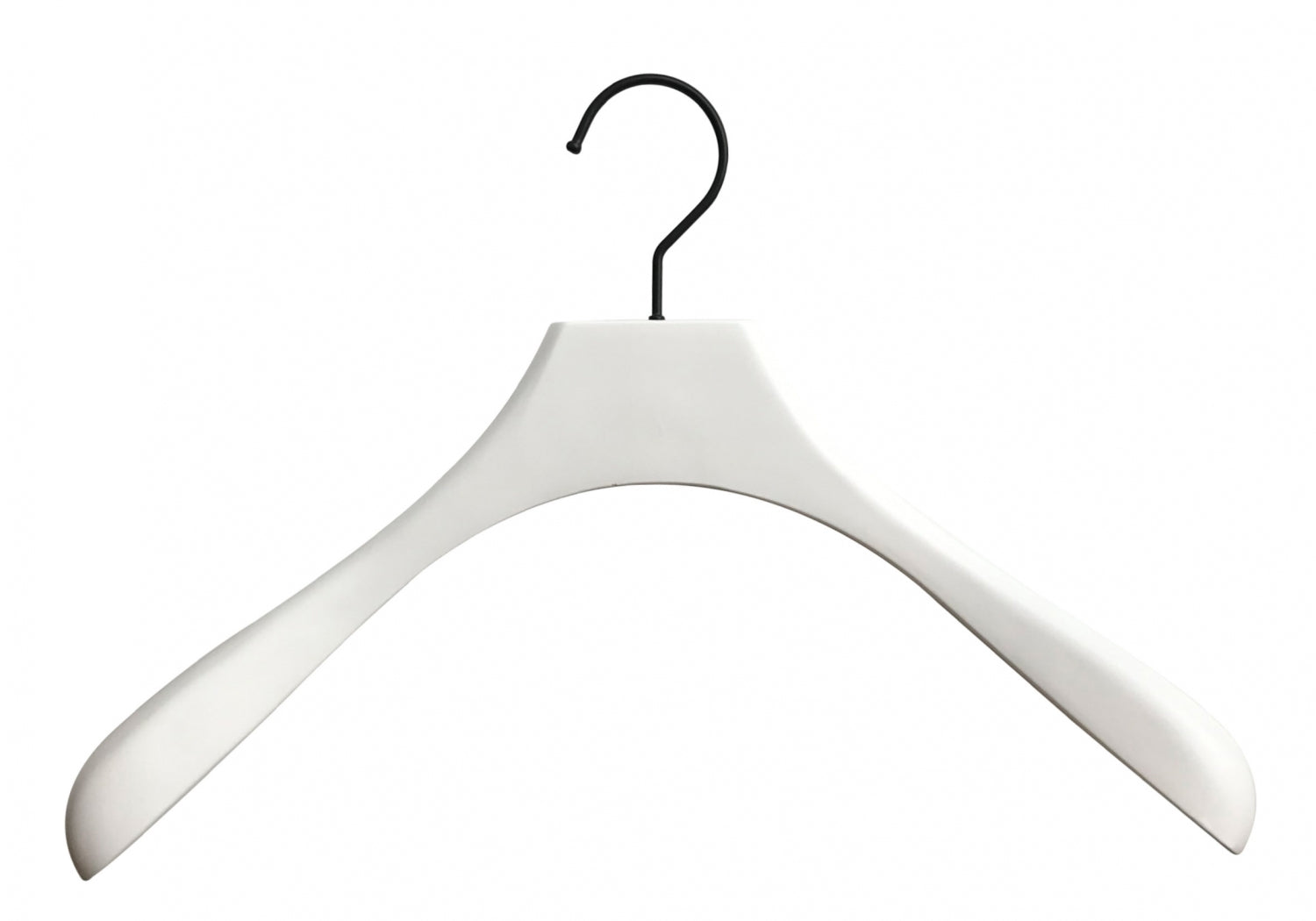 A White Wooden Jacket Top Coat Hanger 38cm by Hangers of London with broad, curved shoulders designed for holding heavy garments. This top coat hanger features a black metal hook at the top for hanging in closets. The clean, minimalist design makes this jacket hanger suitable for various clothing items.