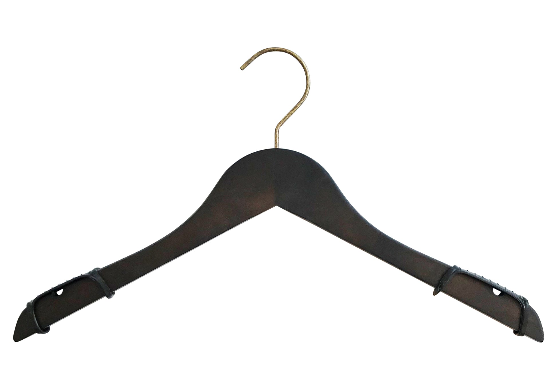 A black wooden clothes hanger with a vintage, wide shoulder design, gold metal hook, and black non-slip grips on each end of the arms. The Wooden Antique finish Top 38cm by Hangers of London is isolated on a white background.